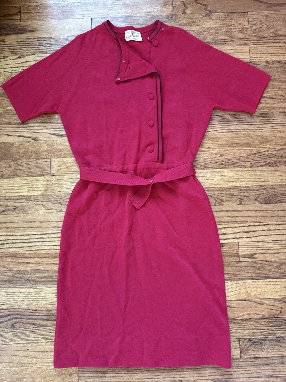 Vintage Cadillac Red Wool Dress Made in Italy 50s 60s Asymmetric Modern M